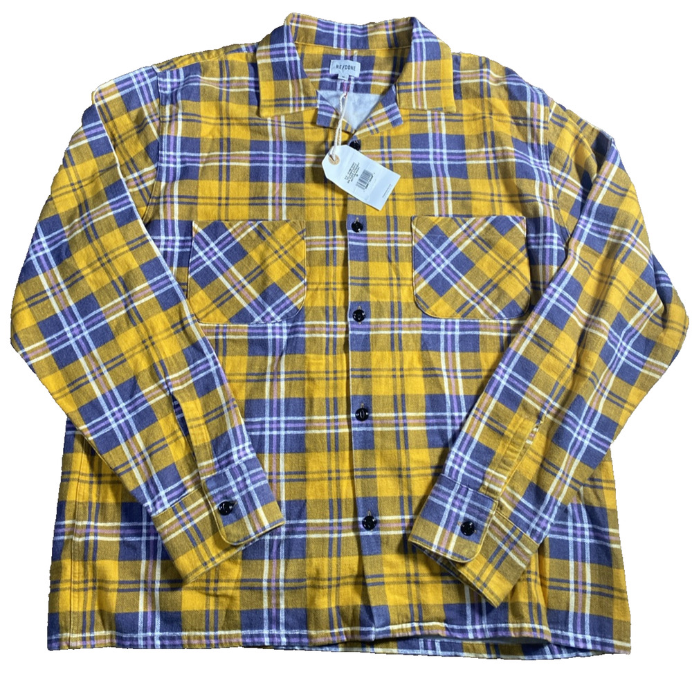 Re/Done Women’s Flannel Button Down Shirt – Plaid Yellow Purple LS Pockets M NWT
